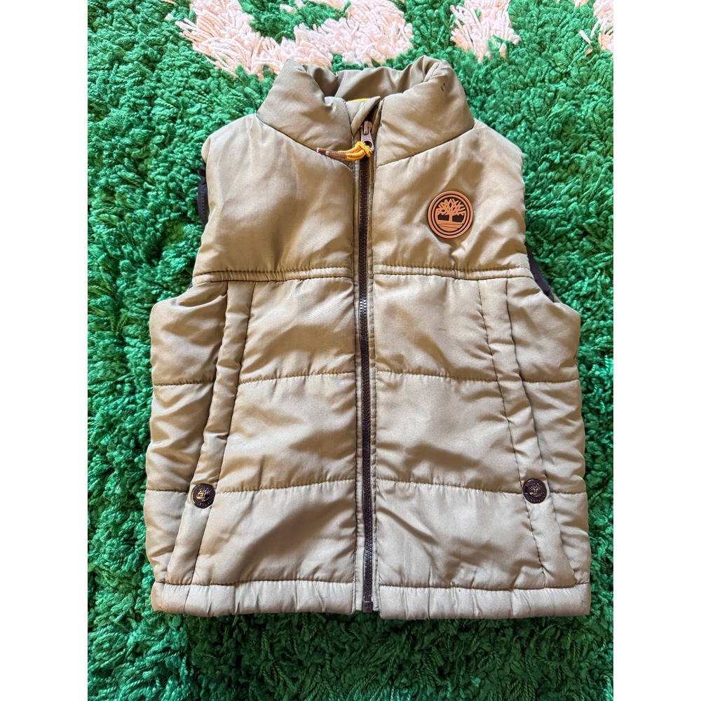 Timberland Baby Boys Olive Green Puffer‎ Vest 12M Full Zip Logo Back (B)